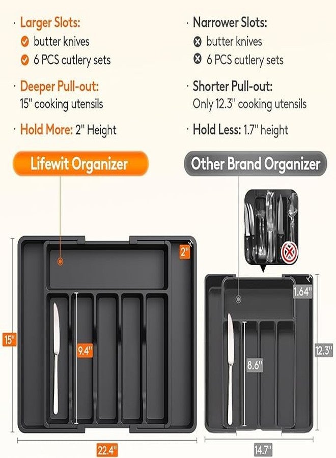 CazleeLarge Silverware Drawer Organizer, Expandable Utensil Tray for Kitchen, BPA Free Flatware and Cutlery Holder, Adjustable Plastic Storage for Spoons Forks Knives, Large, (Black) (1) - Image 5