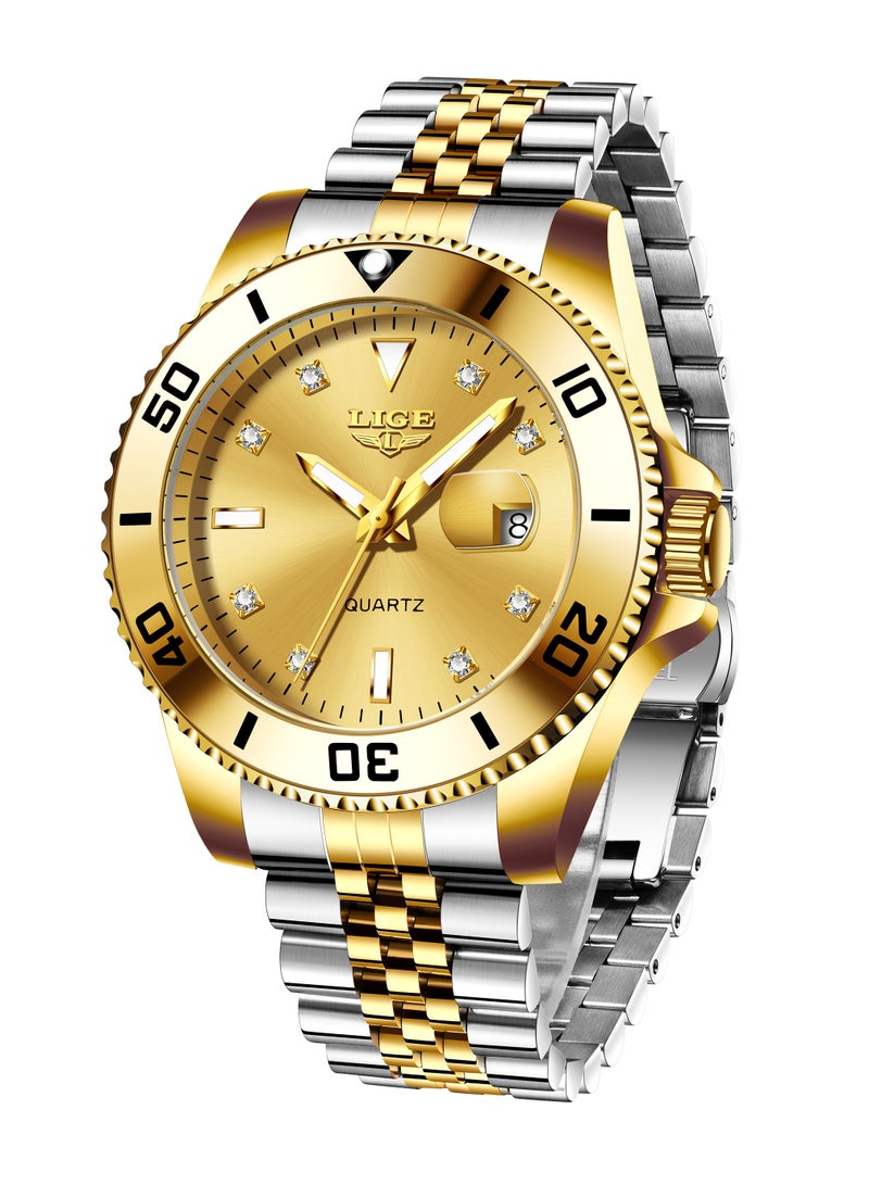 LIGE Men's Business Gold Dial Quartz Watch with Stainless Steel Band  - Image 1