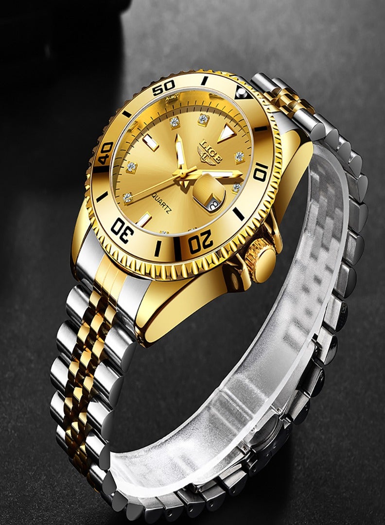 LIGE Men's Business Gold Dial Quartz Watch with Stainless Steel Band  - Image 3