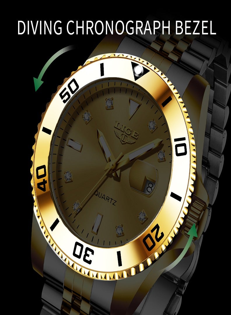 LIGE Men's Business Gold Dial Quartz Watch with Stainless Steel Band  - Image 4