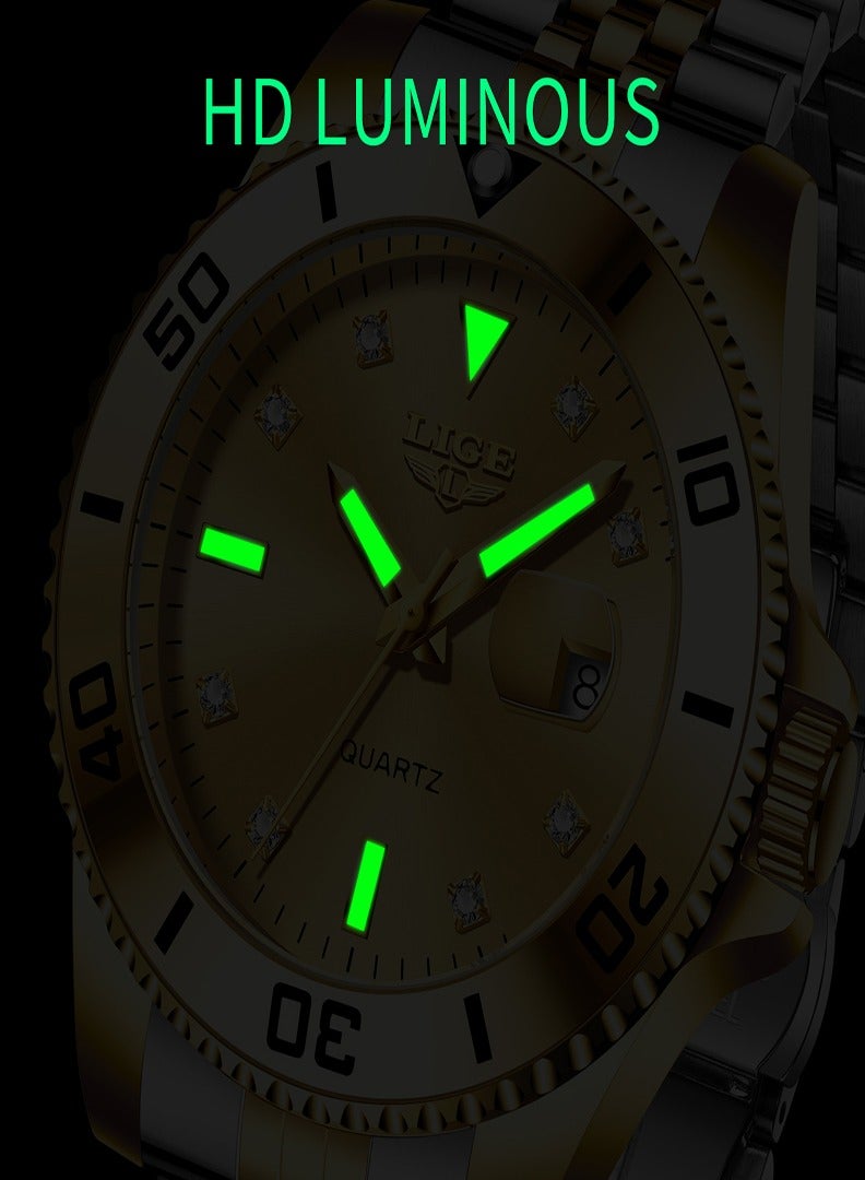 LIGE Men's Business Gold Dial Quartz Watch with Stainless Steel Band  - Image 5