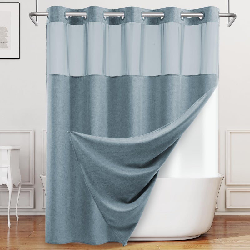 WONICY No Hook Dusty Blue Shower Curtain and Liner LinenLook Polyester Textured Shower Curtain with Snap in Liner Waterproof  Washable Bath Curtains for Bathroom 71Wx74H