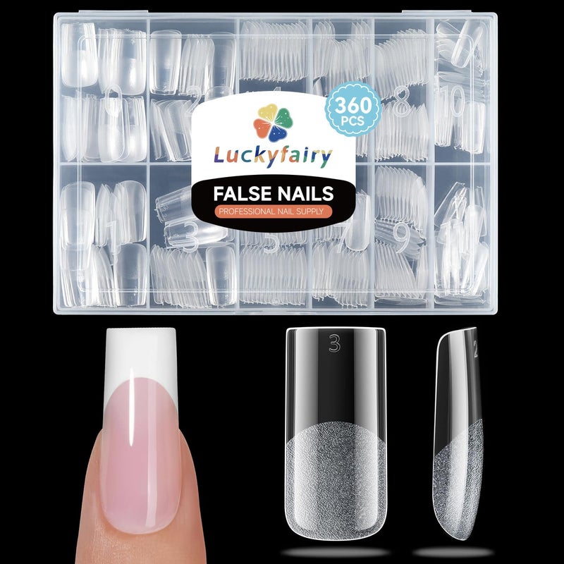 Luckyfairy Medium Square Nail Tips, 360pcs Soft Gel Pre-Shaped Acrylic Fake Nails, Half Matte Full Cover Clear Gelly Press on Flase Nail Tips for Extension Nail Manicure Home DIY 12 Sizes Gelly Tips - Image 1