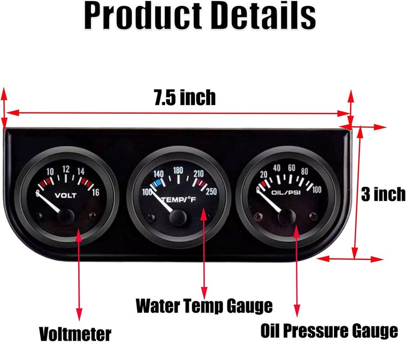 BLLYOGU 52mm 3-in-1 Car Gauge Kit - Voltage Meter, Water Temperature, and Oil Pressure Gauges - Image 2