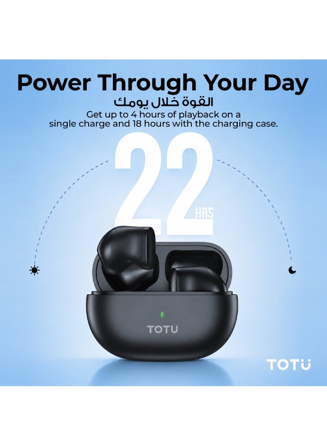 Totu True Wireless Earphones, Bluetooth 5.3, HiFi Stereo Sound, 22 Hours Total Playtime with Type-C Case, Mini In-Ear Earbuds - Black - Image 4