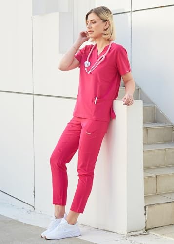 Dagacci Medical Uniform Unisex 4-Way Stretch Scrubs Set Medical Scrubs Top and Pants Black M - Image 5