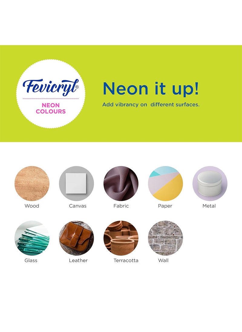 Pidilite Pidilite Fevicryl Neon Acrylic Colour Kit, 4 Shades X 100Ml Each | Yellow, Orange, Pink, Green | Vibrant And Colourful | DIY And Multi Surface Paints | Ideal For Beginners And Artists  - Image 4