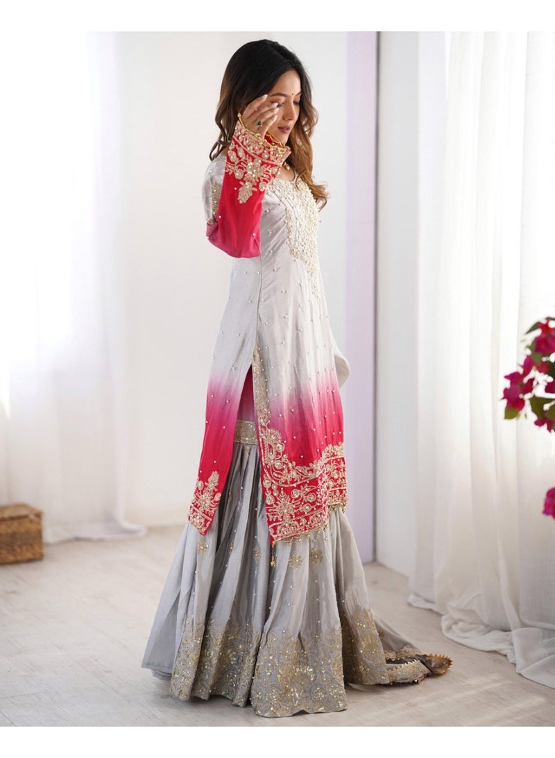 Super Asian Majestic Muse: Chinnon Silk Palazzo Set with Dual-Side Coding Dori & Rivet Moti Embroidery  - Image 4