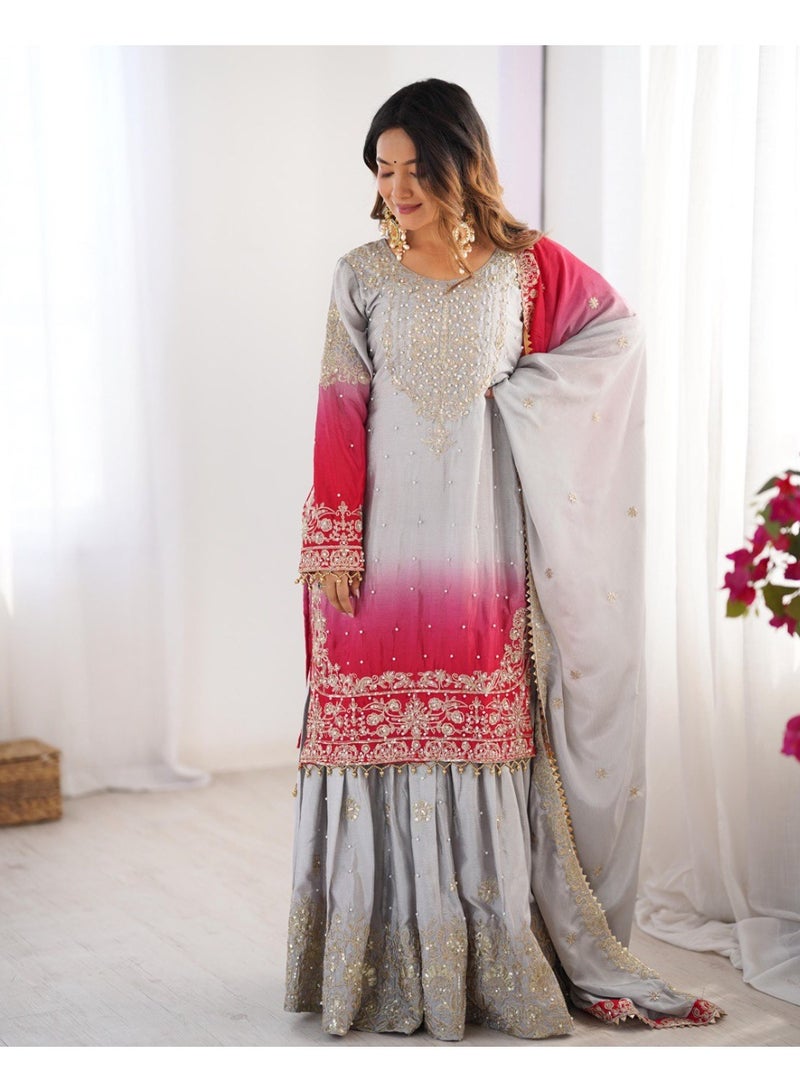 Super Asian Majestic Muse: Chinnon Silk Palazzo Set with Dual-Side Coding Dori & Rivet Moti Embroidery  - Image 1