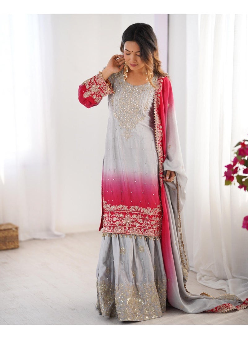 Super Asian Majestic Muse: Chinnon Silk Palazzo Set with Dual-Side Coding Dori & Rivet Moti Embroidery  - Image 2