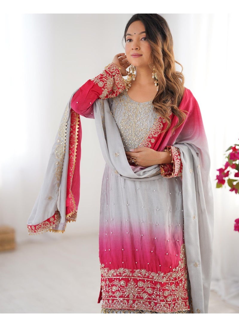Super Asian Majestic Muse: Chinnon Silk Palazzo Set with Dual-Side Coding Dori & Rivet Moti Embroidery  - Image 3