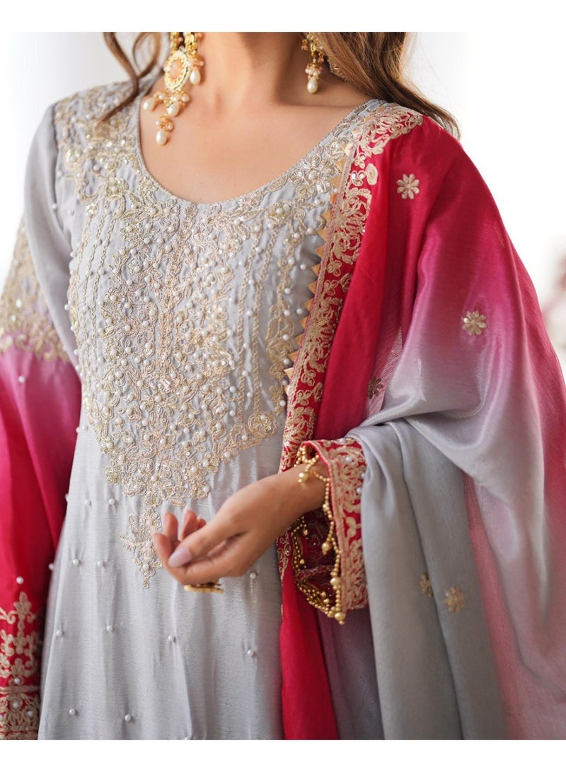 Super Asian Majestic Muse: Chinnon Silk Palazzo Set with Dual-Side Coding Dori & Rivet Moti Embroidery  - Image 5