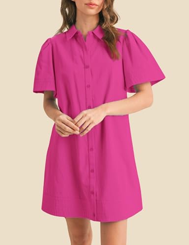 Meyhad Womens Short Sleeve Button Down Mini Shirt Dress Lapel Collar Short Dresses with Pocket(0942-RoseRed-S) - Image 2