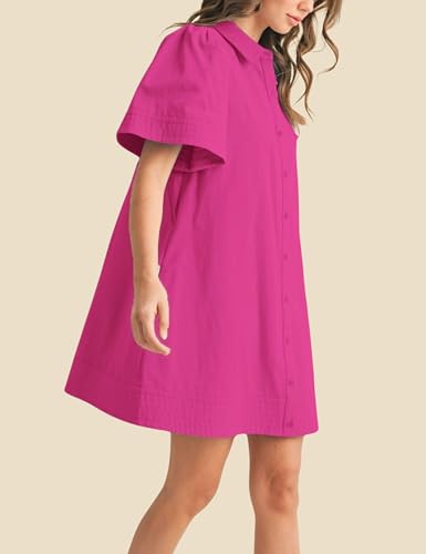 Meyhad Womens Short Sleeve Button Down Mini Shirt Dress Lapel Collar Short Dresses with Pocket(0942-RoseRed-S) - Image 4