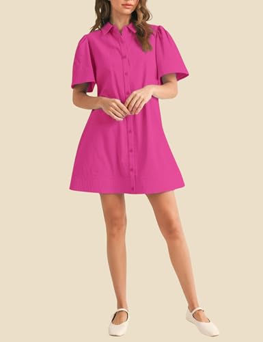 Meyhad Womens Short Sleeve Button Down Mini Shirt Dress Lapel Collar Short Dresses with Pocket(0942-RoseRed-S) - Image 3