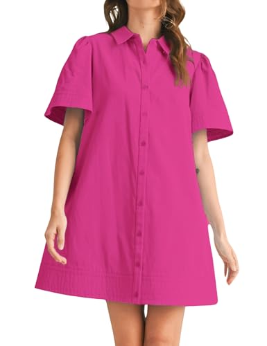 Meyhad Womens Short Sleeve Button Down Mini Shirt Dress Lapel Collar Short Dresses with Pocket(0942-RoseRed-S) - Image 1