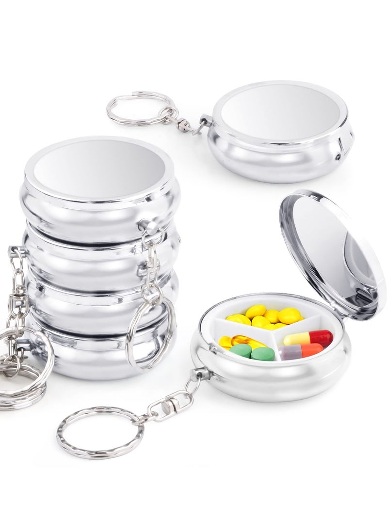Generic Portable Mini Metal Pill Case - 6 Pack Round Organizer with Keychain, 3 Compartment Holder for Vitamins, Supplements & Fish Oils  - Image 1