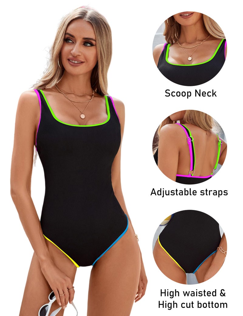 BMJL Women's Tummy Control Swimsuits Ribbed One Piece Bathing Suit Slimming High Cut Monokini Swimwear(M,Rainbow Black) - Image 4