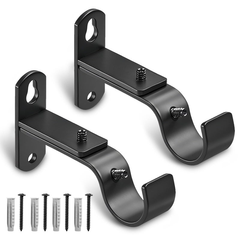 AMZSEVEN Adjustable Curtain Rod Brackets, Metal Window Drapery Rod Hanger Holders Hooks for 1 inch Rods (Black, Set of 2) - Image 1