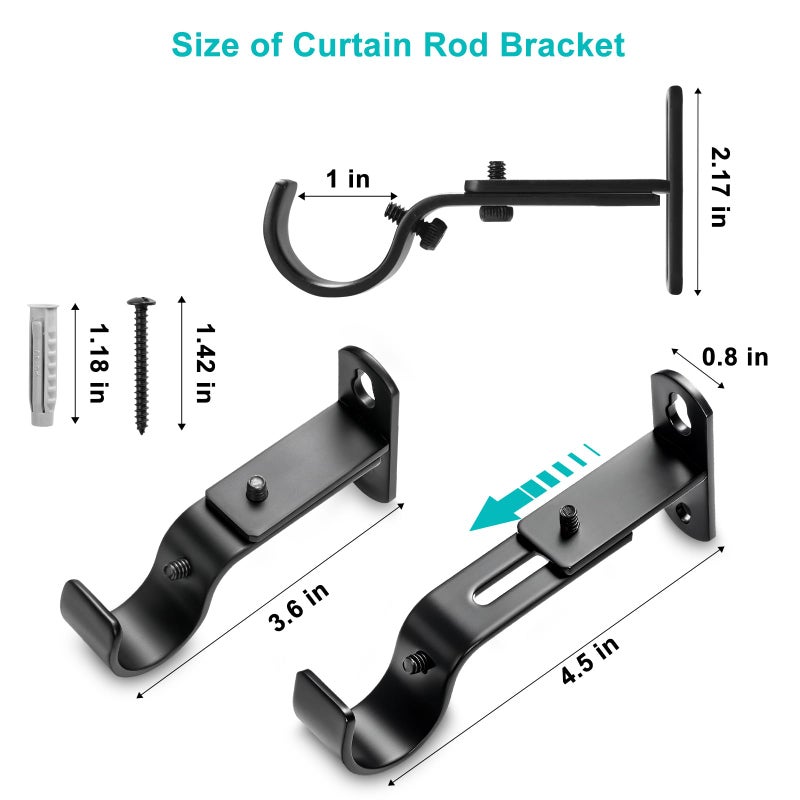 AMZSEVEN Adjustable Curtain Rod Brackets, Metal Window Drapery Rod Hanger Holders Hooks for 1 inch Rods (Black, Set of 2) - Image 3
