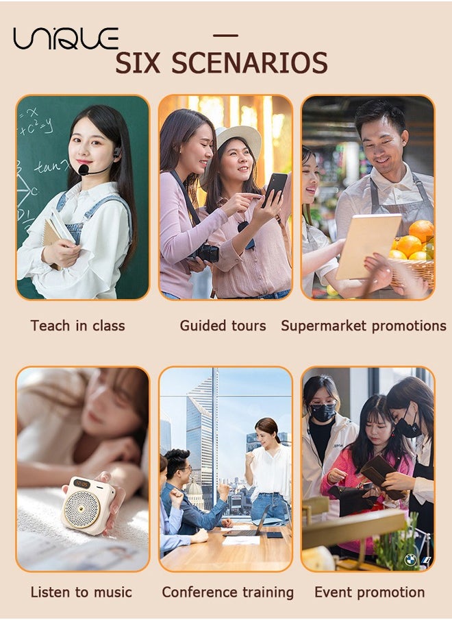Unique - Portable Voice Amplifier - Bluetooth Rechargeable Personal Voice Amplifier - with Wire Headset Microphone and Belt - PA System Speaker Power Amplifiers Loudspeaker for Teachers/Meeting/Tour Guide (Beige) - Image 1