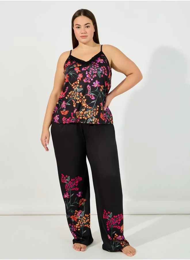 Styli Plus Size Floral Print Cami & Pyjama Set