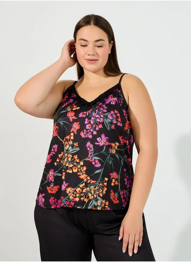 Styli Plus Size Floral Print Cami & Pyjama Set