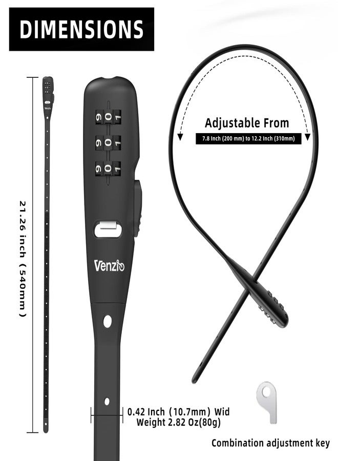 Venzio Adjustable Cable Zip Tie Lock, 3-Digit Combination Security Lock with 304 Stainless Steel Core for Bike, Helmet, Stroller, Luggage, Lightweight & Reusable (1Pack/Black) - Image 2