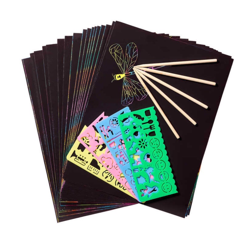 Scratch Paper: 50 Pcs 13*19cm Black Sheets - Safe Eco-Friendly Material Scratch Art for Kids Crafts, With Wooden Stylus Stencils For Creative Play Birthday Party Gifts - Image 1