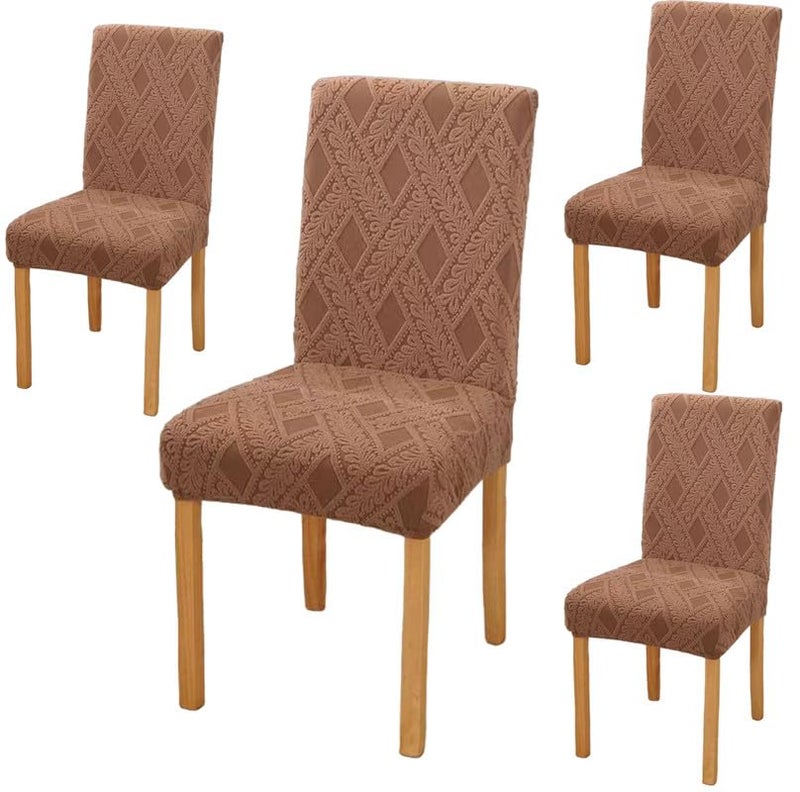 Styleys Elastic Chair Cover Stretch Removable Washable Short Jacquard Dining Chair Cover Protector Seat Slipcover (Pack of 4, Khaki, JCMC39) - Image 1
