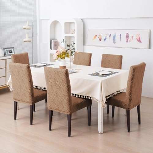 Styleys Elastic Chair Cover Stretch Removable Washable Short Jacquard Dining Chair Cover Protector Seat Slipcover (Pack of 4, Khaki, JCMC39) - Image 2