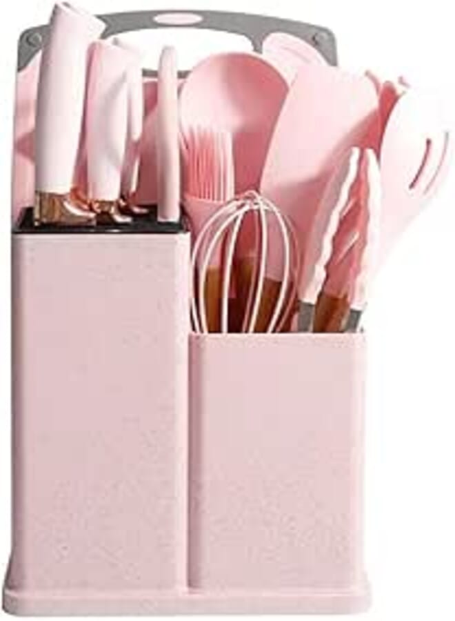 Kitchen Cutlery Set 16 PCS Stainless Steel Knives Block Set with Wooden Handle Kitchen Tool Gift Box for Cooking (Black) (Pink)