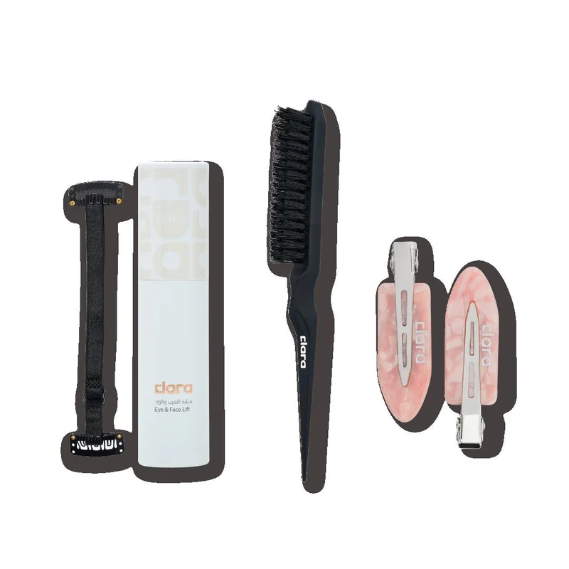 CLARA The Snatched & Sleek Bundle – Black Flyaway Taming Brush with Precision Parting Tool, Pink Non-Slip Hair Clips Set & Adjustable Reusable Face and Eye Lift Band