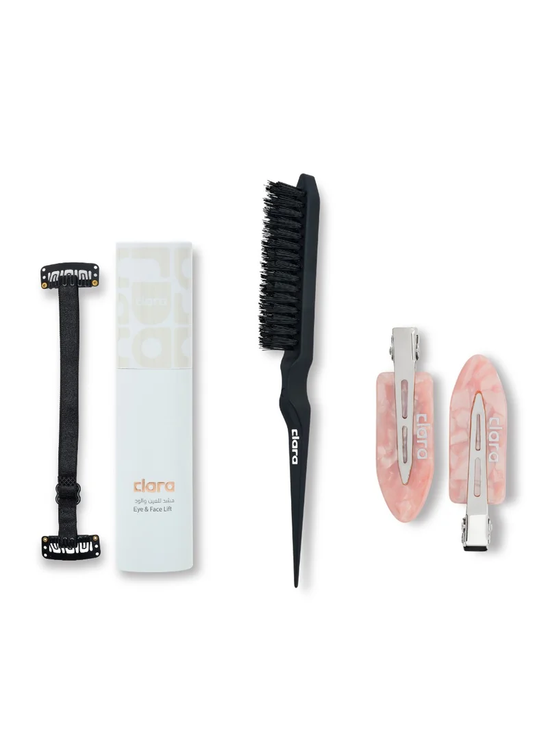 كلارا The Snatched & Sleek Bundle – Black Flyaway Taming Brush with Precision Parting Tool, Pink Non-Slip Hair Clips Set & Adjustable Reusable Face and Eye Lift Band