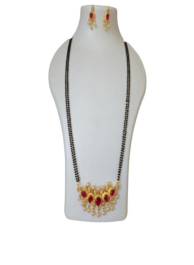طقم قلادة مانجالسوترا طويلة بتصميم تقليدي من ولاية ماهاراشترا مع سلسلة خرز سوداء وأقراط للنساء (24 بوصة) - Image 4