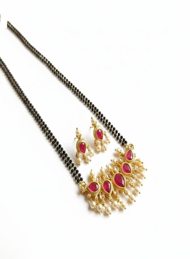طقم قلادة مانجالسوترا طويلة بتصميم تقليدي من ولاية ماهاراشترا مع سلسلة خرز سوداء وأقراط للنساء (24 بوصة) - Image 1