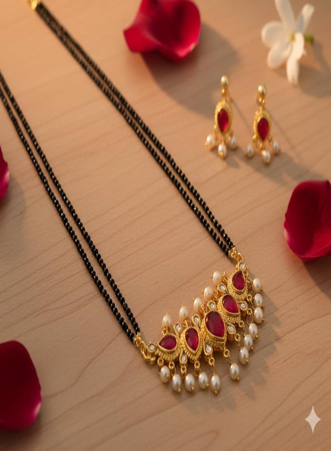طقم قلادة مانجالسوترا طويلة بتصميم تقليدي من ولاية ماهاراشترا مع سلسلة خرز سوداء وأقراط للنساء (24 بوصة) - Image 5