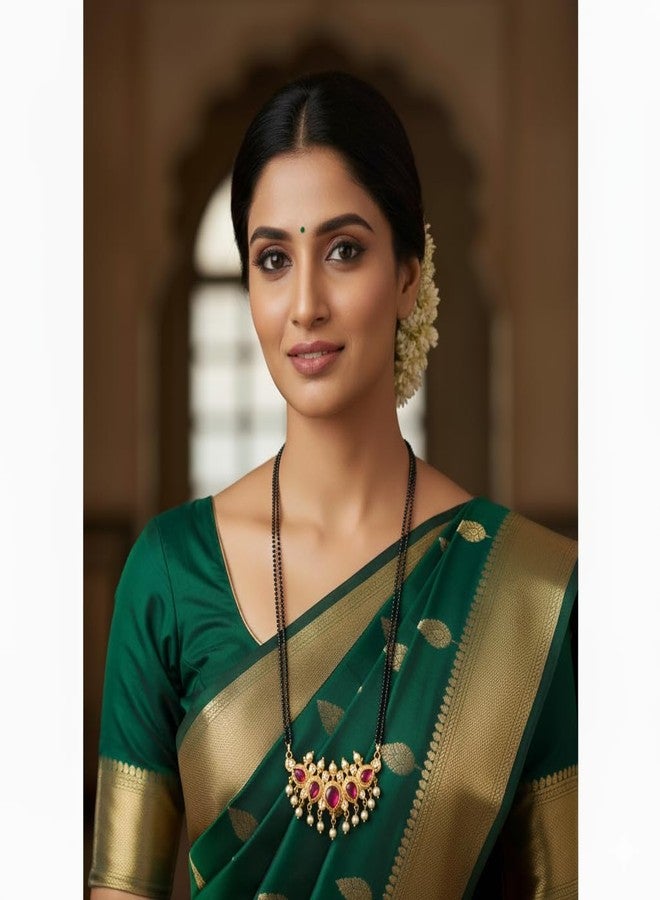 طقم قلادة مانجالسوترا طويلة بتصميم تقليدي من ولاية ماهاراشترا مع سلسلة خرز سوداء وأقراط للنساء (24 بوصة) - Image 2