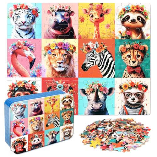 MZZOTOY Beautiful Wild Animals Puzzles for Kids Ages 48 100 Pieces Jigsaw Puzzles for Kids Ages 35 Puzzle for Girls and Boys Learning Educational Puzzles Toys in a Metal Box - Image 1