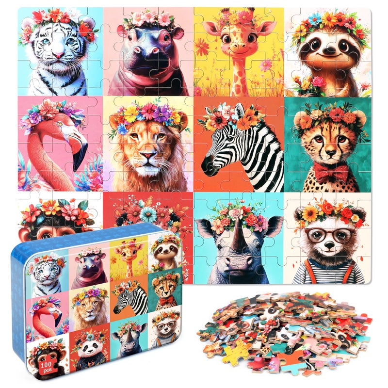 MZZOTOY Beautiful Wild Animals Puzzles for Kids Ages 48 100 Pieces Jigsaw Puzzles for Kids Ages 35 Puzzle for Girls and Boys Learning Educational Puzzles Toys in a Metal Box - Image 3