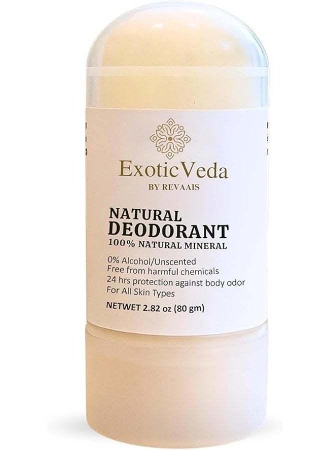 100% Natural Mineral Deodorant Stick Unscented Alum, Alcohol-Free, Chemical-Free, 24-Hour Odor Protection, for All Skin Types, 2.82 oz (80g) (Natural)