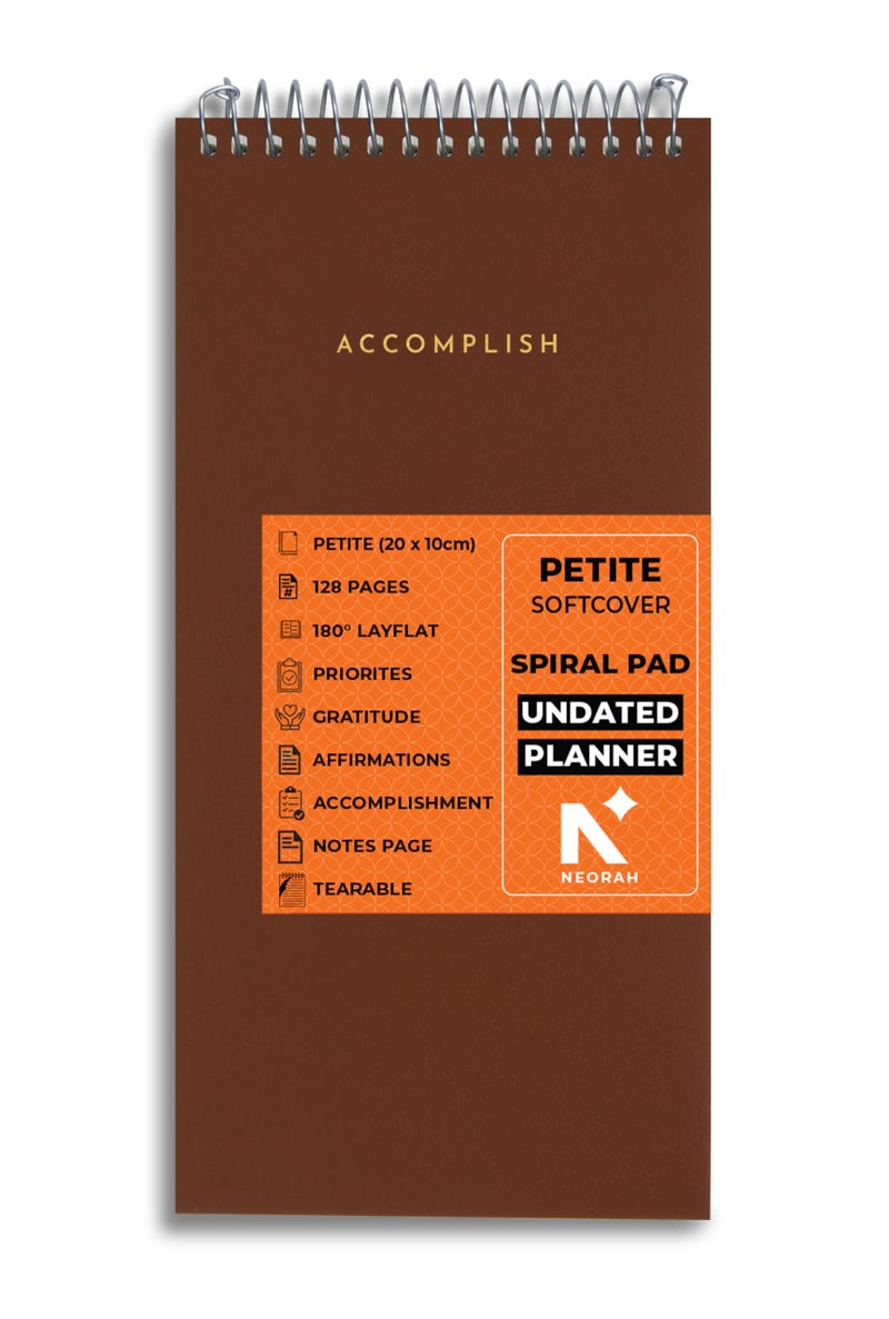 NEORAH—PETITE Daily To Do List Pad |128 Pages |20.0 x 10.0 cm | Daily + Hourly Split + Notes page| Durable Metal Spiral Desk Notepad + tear off sheets| Academics Planner, Office Work Planner(BROWN) - Image 1