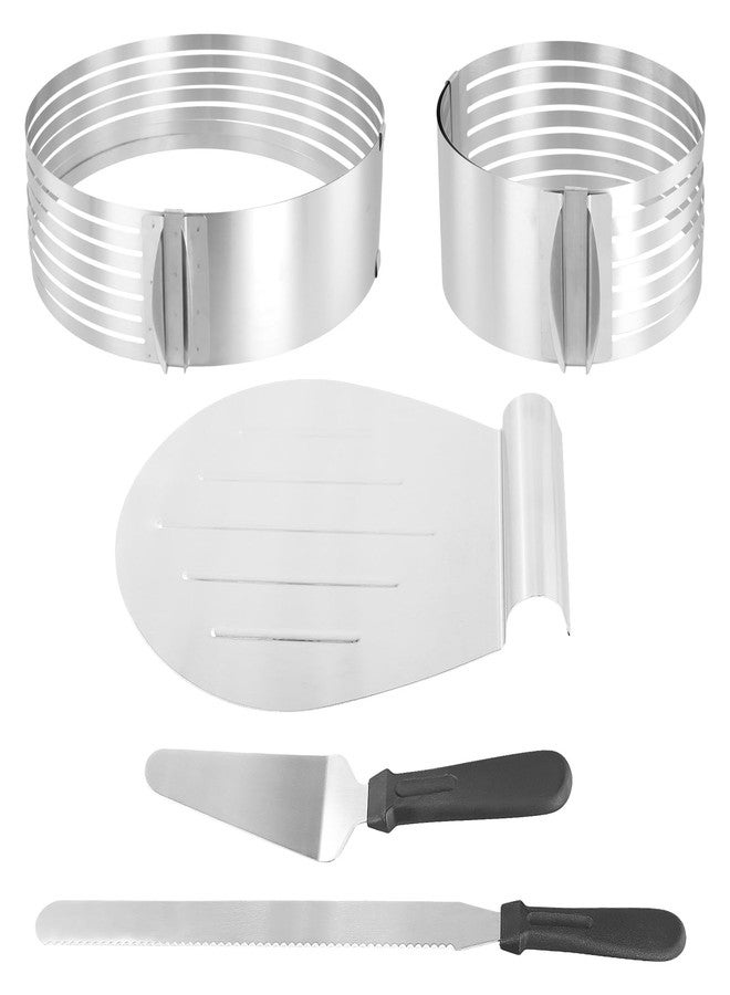 PINGEUI 5 PCS Cake Making Supplies Set, Cake Ring Mold 6 to12 Inch Adjustable Stainless Steel Cake Cutter Leveler, 7 Layer Cake Slicer Cutter - Image 1