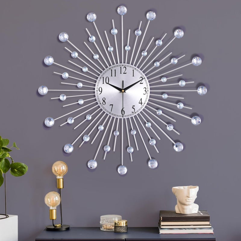 Lafocuse 23 Inch Metal Large Wall Clocks for Living Room Modern Silent Bling Crystal Wall Clock Battery Operated Silver Starburst Clock Art Deco Kitchen Office