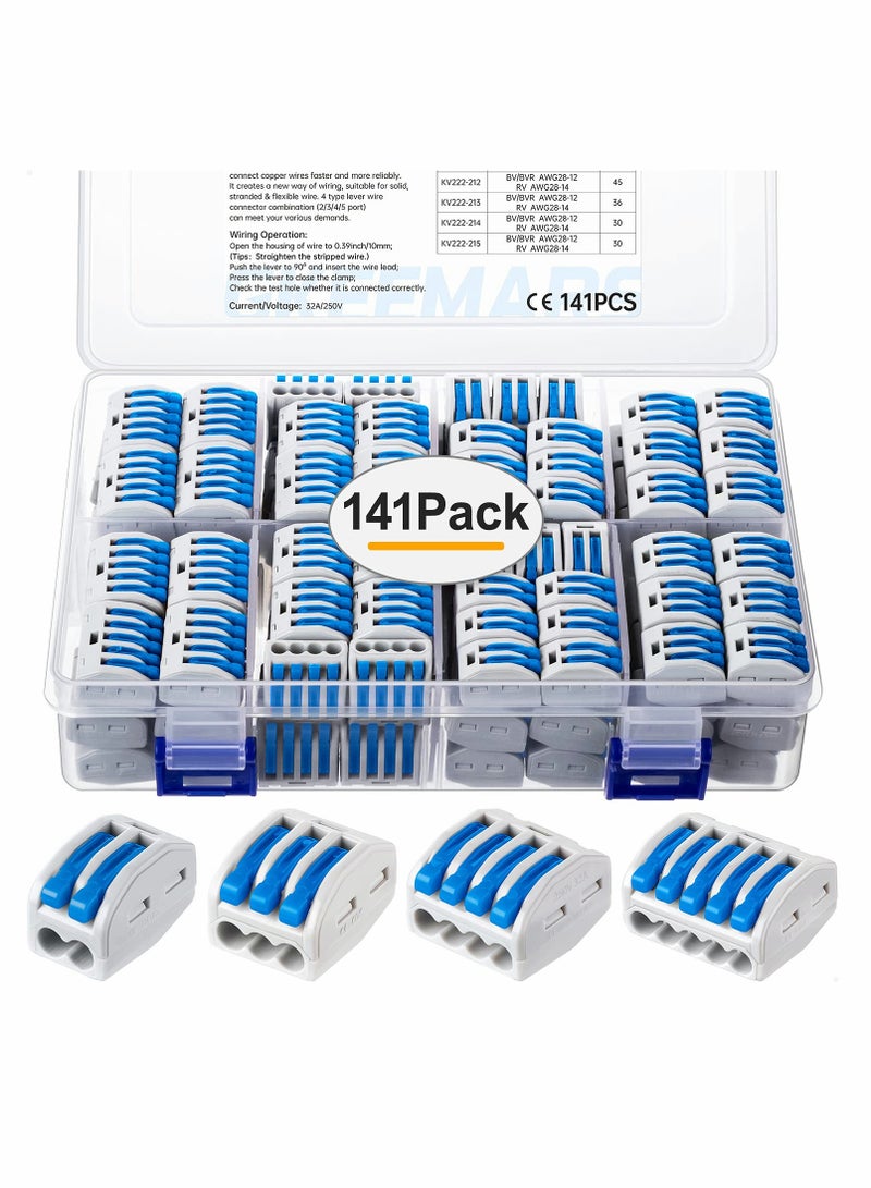 141Pcs Lever Wire Connectors, Compact Splicing Conductor Connector for Solid Stranded Flexible Wires 28-12 AWG (Blue) - Image 1