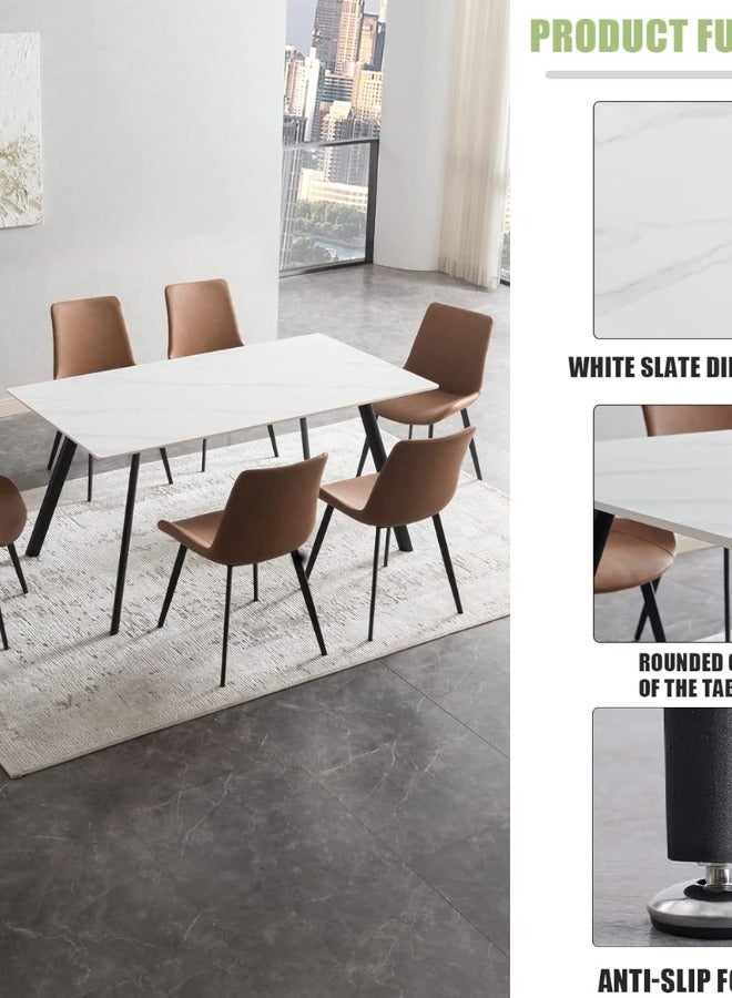 ALWASIT HOME Dining Table Set 6 Seater with White Rectangular Marble Top Finish and Steel Legs, Brown PVC Leather Dining Chairs, Modern Dining Table Set for Dining Room and Living Space - Image 2