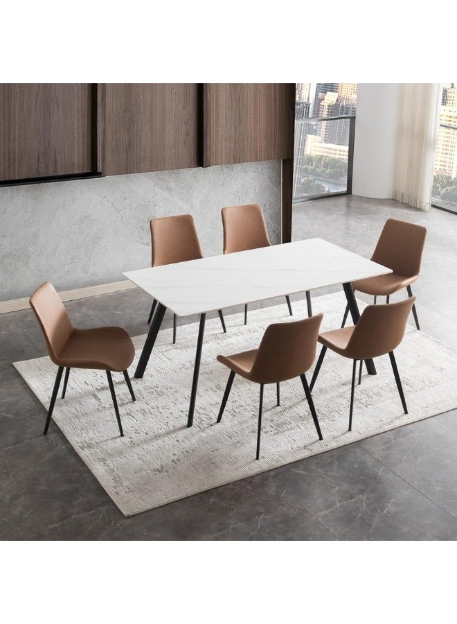ALWASIT HOME Dining Table Set 6 Seater with White Rectangular Marble Top Finish and Steel Legs, Brown PVC Leather Dining Chairs, Modern Dining Table Set for Dining Room and Living Space - Image 1