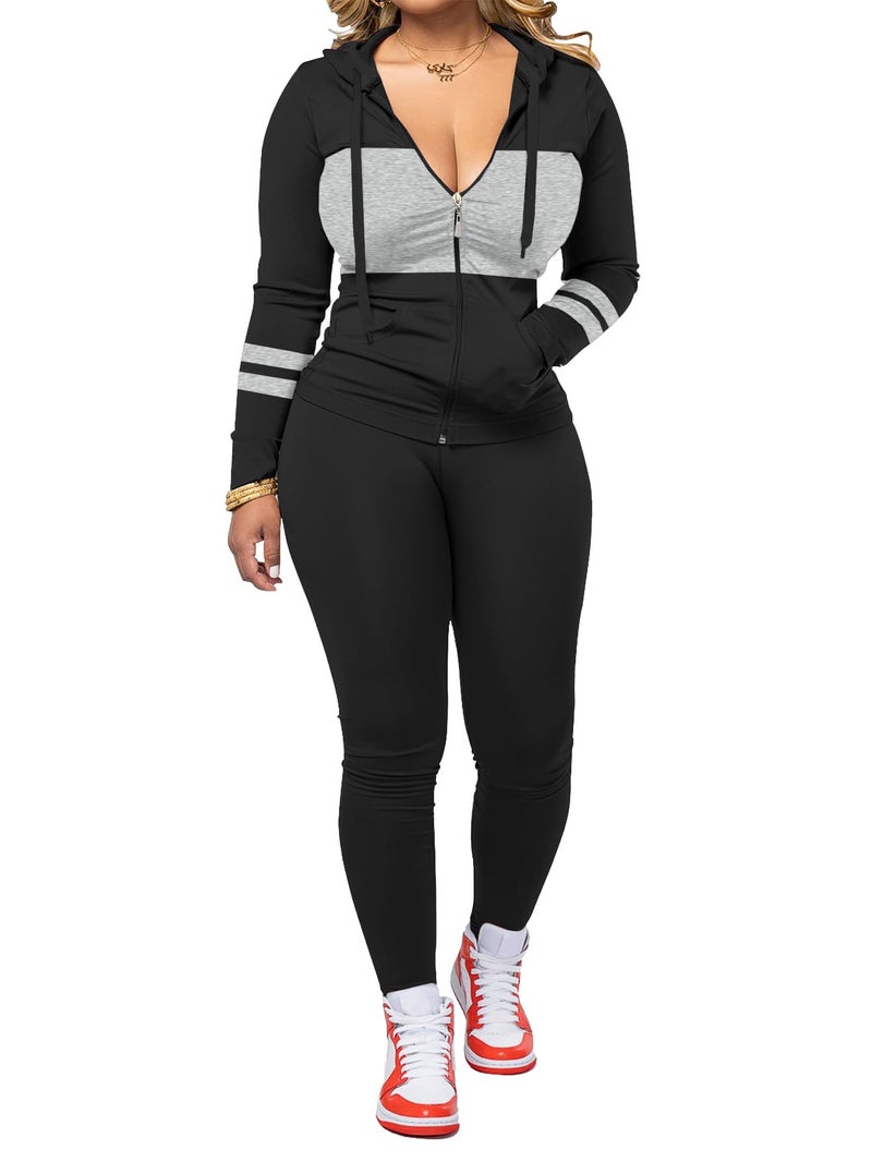AUXDIO Women 2 Piece Outfits Color Block Casual Workout Sets Bodycon Tracksuit Zip Up Long Sleeve Hoodle Jacket Jogger Set Black S - Image 1