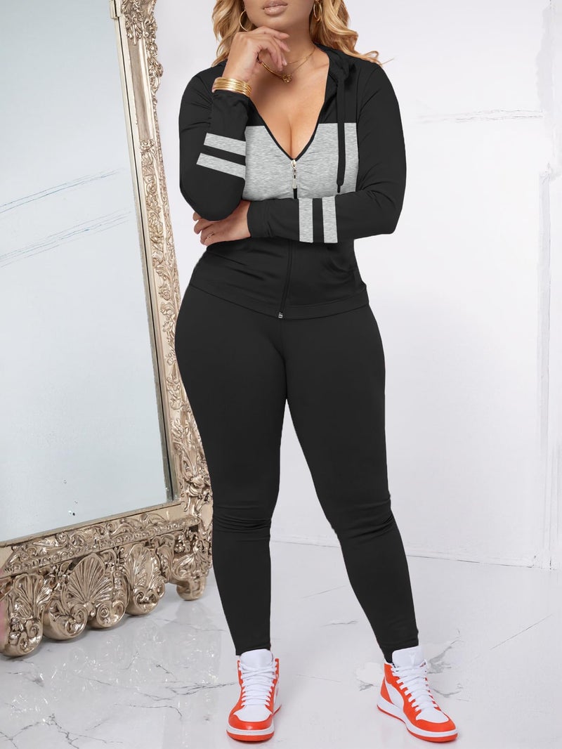 AUXDIO Women 2 Piece Outfits Color Block Casual Workout Sets Bodycon Tracksuit Zip Up Long Sleeve Hoodle Jacket Jogger Set Black S - Image 5