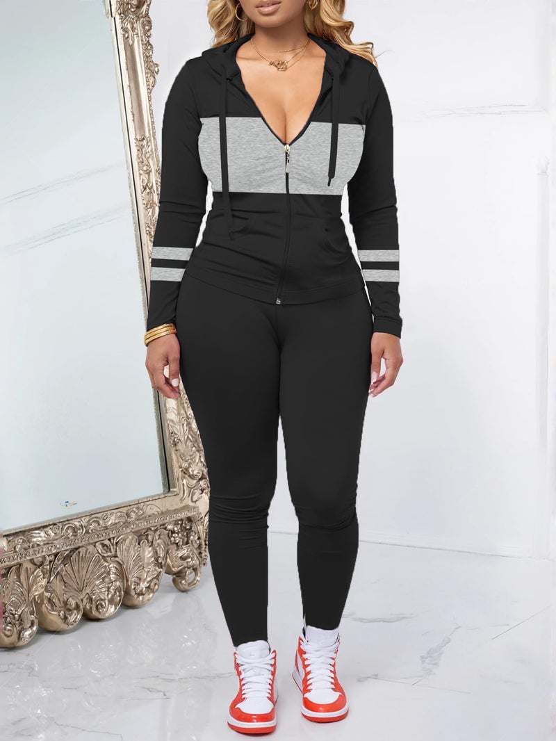 AUXDIO Women 2 Piece Outfits Color Block Casual Workout Sets Bodycon Tracksuit Zip Up Long Sleeve Hoodle Jacket Jogger Set Black S - Image 2